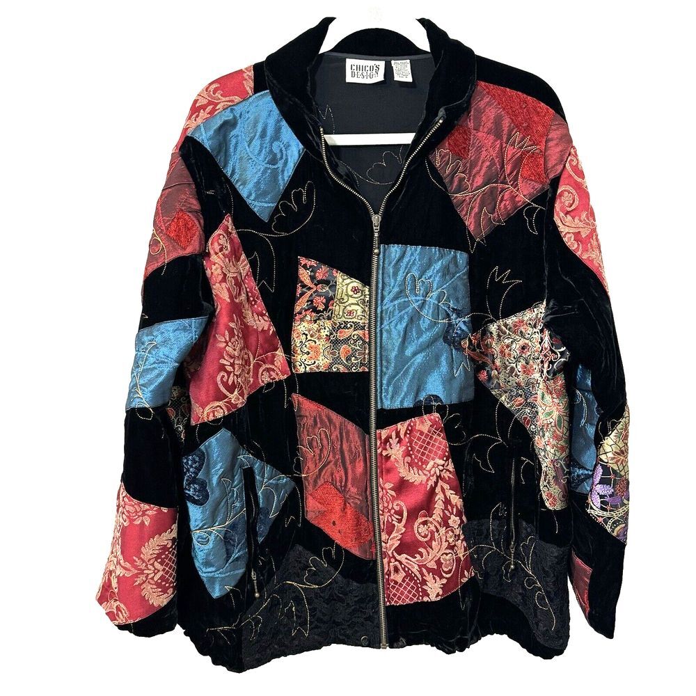 VNTG Chicos Design Patchwork Velvet Fabric Zip Front Jacket  size 3‎ Multi Color